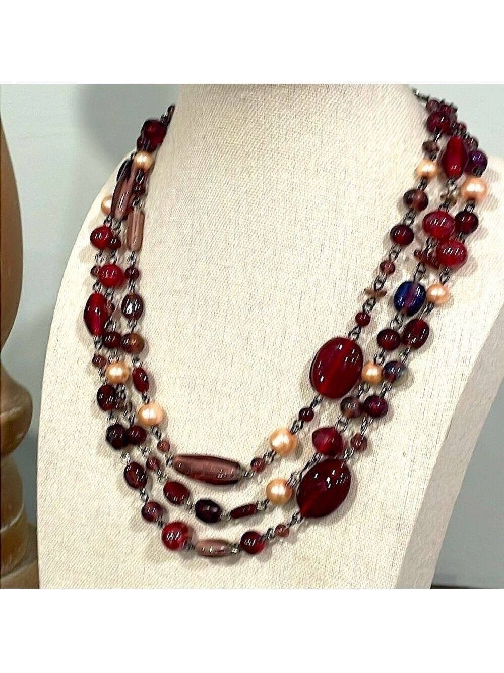Vintage Dark Red 3 Strand Lucite beaded Statement necklace